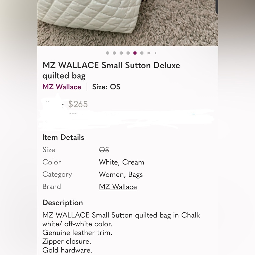 MZ Wallace Small Sutton Deluxe White off/light beige Pearl Quilted Women's Bag - Picture 8 of 9